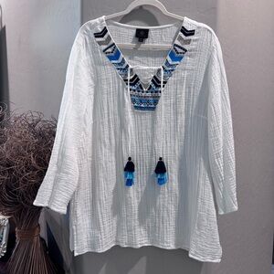 JM Collection White Blouse with Blue Embroidery